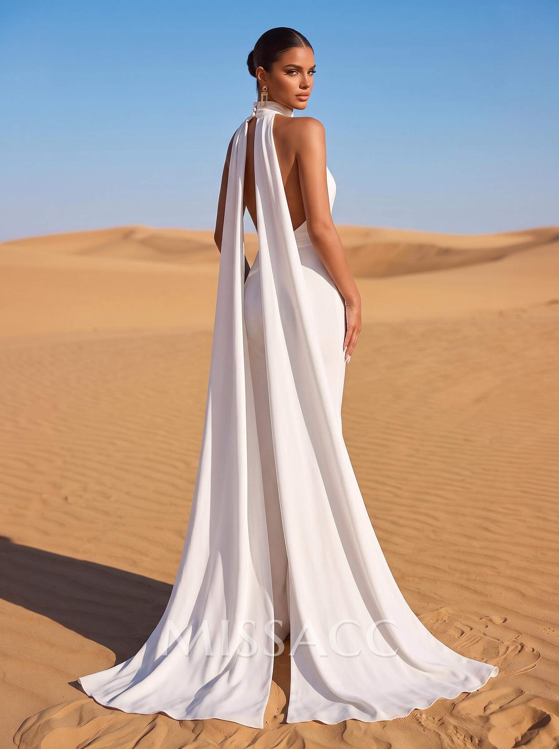 Jumpsuit/Pantsuit Halter Sleeveless Floor-Length Elastic Satin Wedding Dresses With Sash