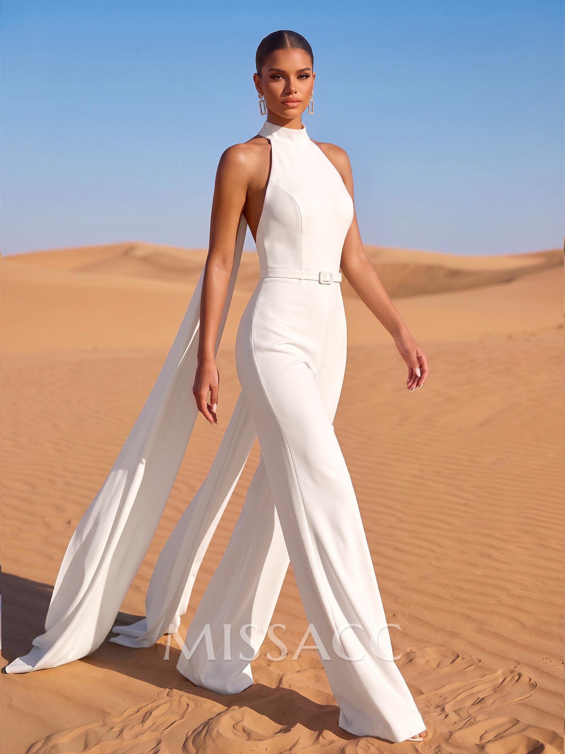 Jumpsuit/Pantsuit Halter Sleeveless Floor-Length Elastic Satin Wedding Dresses With Sash