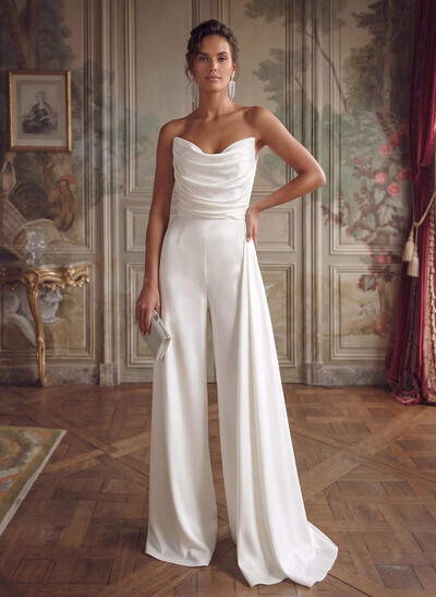 Jumpsuit/Pantsuit Cowl Neck Sleeveless Floor-Length Crepe Satin Wedding Dresses With Sweeping Side Drape