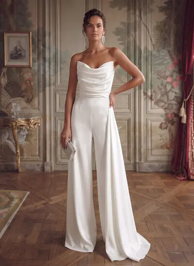 Jumpsuit/Pantsuit Cowl Neck Sleeveless Floor-Length Crepe Satin Wedding Dresses With Sweeping Side Drape