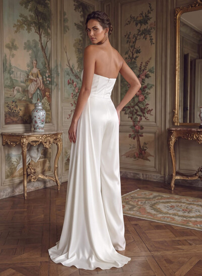 Jumpsuit/Pantsuit Cowl Neck Sleeveless Floor-Length Crepe Satin Wedding Dresses With Sweeping Side Drape