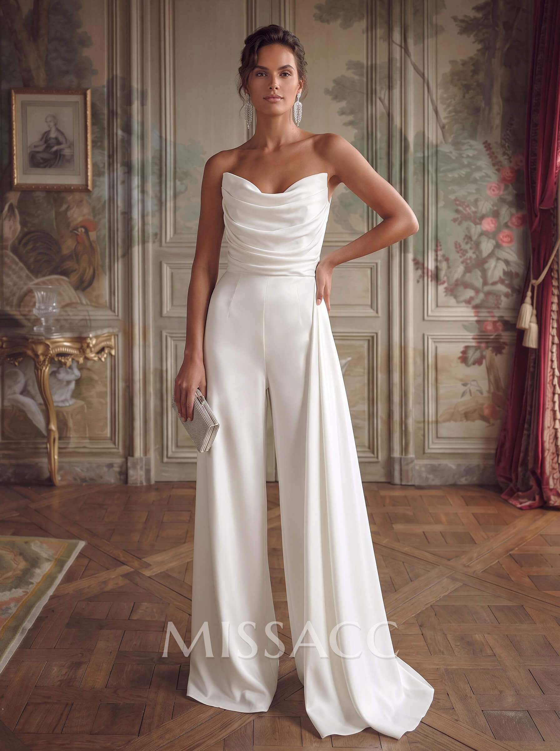Jumpsuit/Pantsuit Cowl Neck Sleeveless Floor-Length Crepe Satin Wedding Dresses With Sweeping Side Drape
