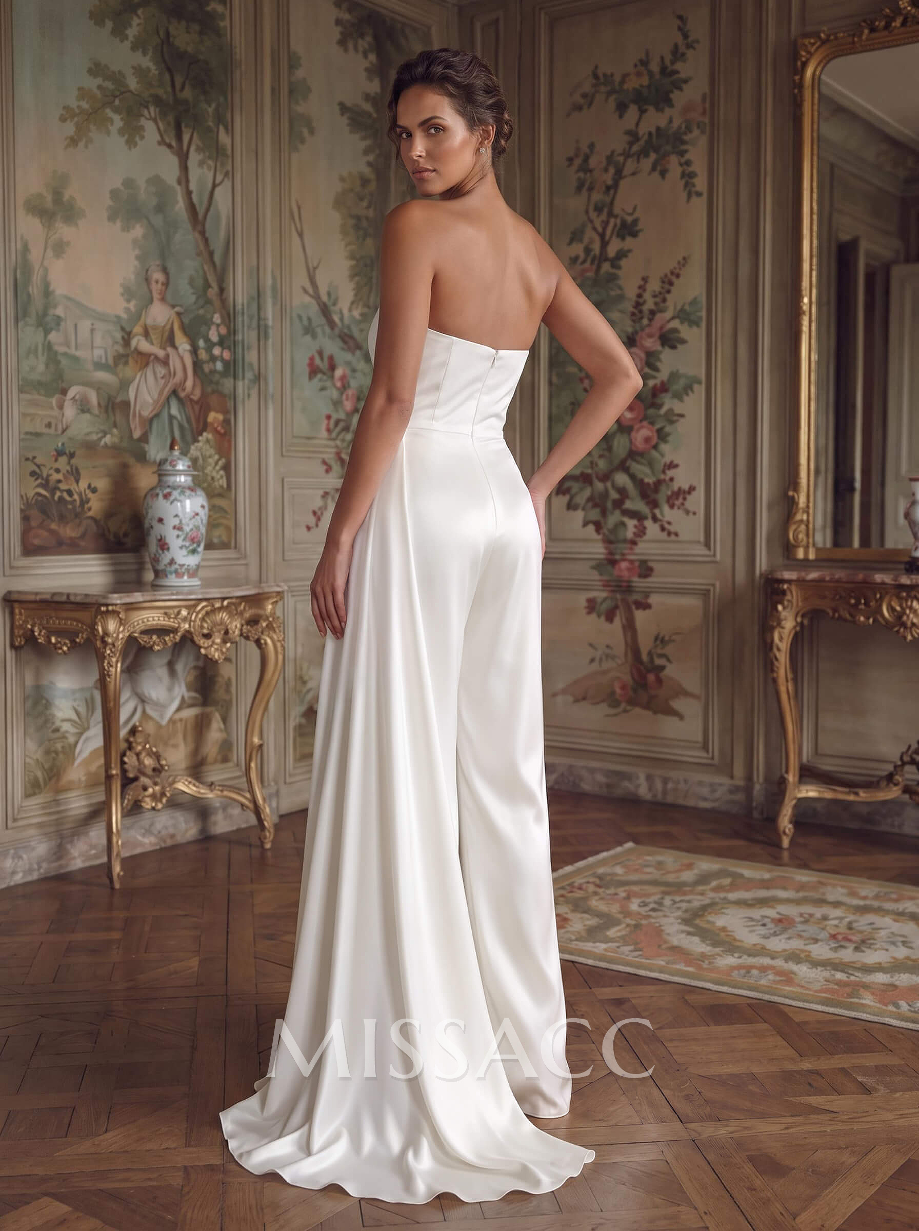 Jumpsuit/Pantsuit Cowl Neck Sleeveless Floor-Length Crepe Satin Wedding Dresses With Sweeping Side Drape
