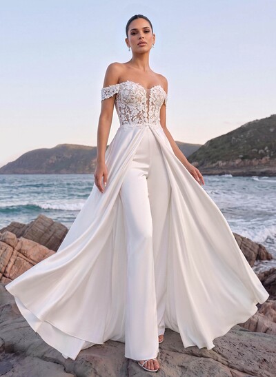 Jumpsuit/Pantsuit Off-The-Shoulder Sleeveless Court Train Tulle/Crepe Satin Wedding Dresses With Appliques Lace