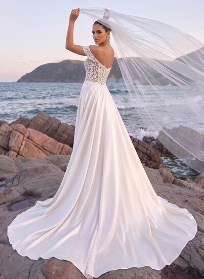 Jumpsuit/Pantsuit Off-The-Shoulder Sleeveless Court Train Tulle/Crepe Satin Wedding Dresses With Appliques Lace