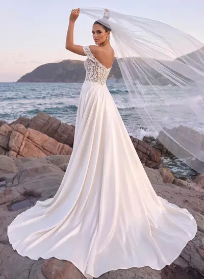 Jumpsuit/Pantsuit Off-The-Shoulder Sleeveless Court Train Tulle/Crepe Satin Wedding Dresses With Appliques Lace