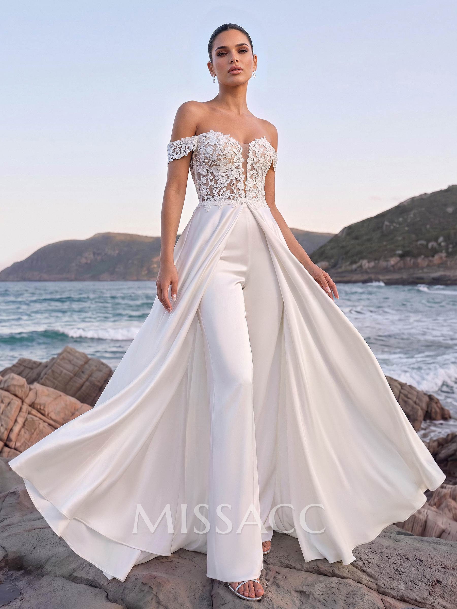 Jumpsuit/Pantsuit Off-The-Shoulder Sleeveless Court Train Tulle/Crepe Satin Wedding Dresses With Appliques Lace