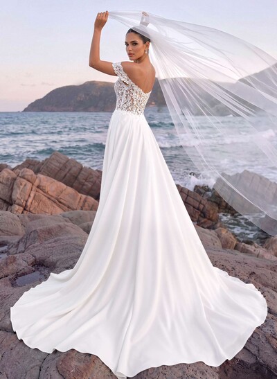 Trouser Suit/Jumpsuit Off-The-Shoulder Sleeveless Court Train Tulle/Crepe Satin Bridal Wear With Lace Appliqués