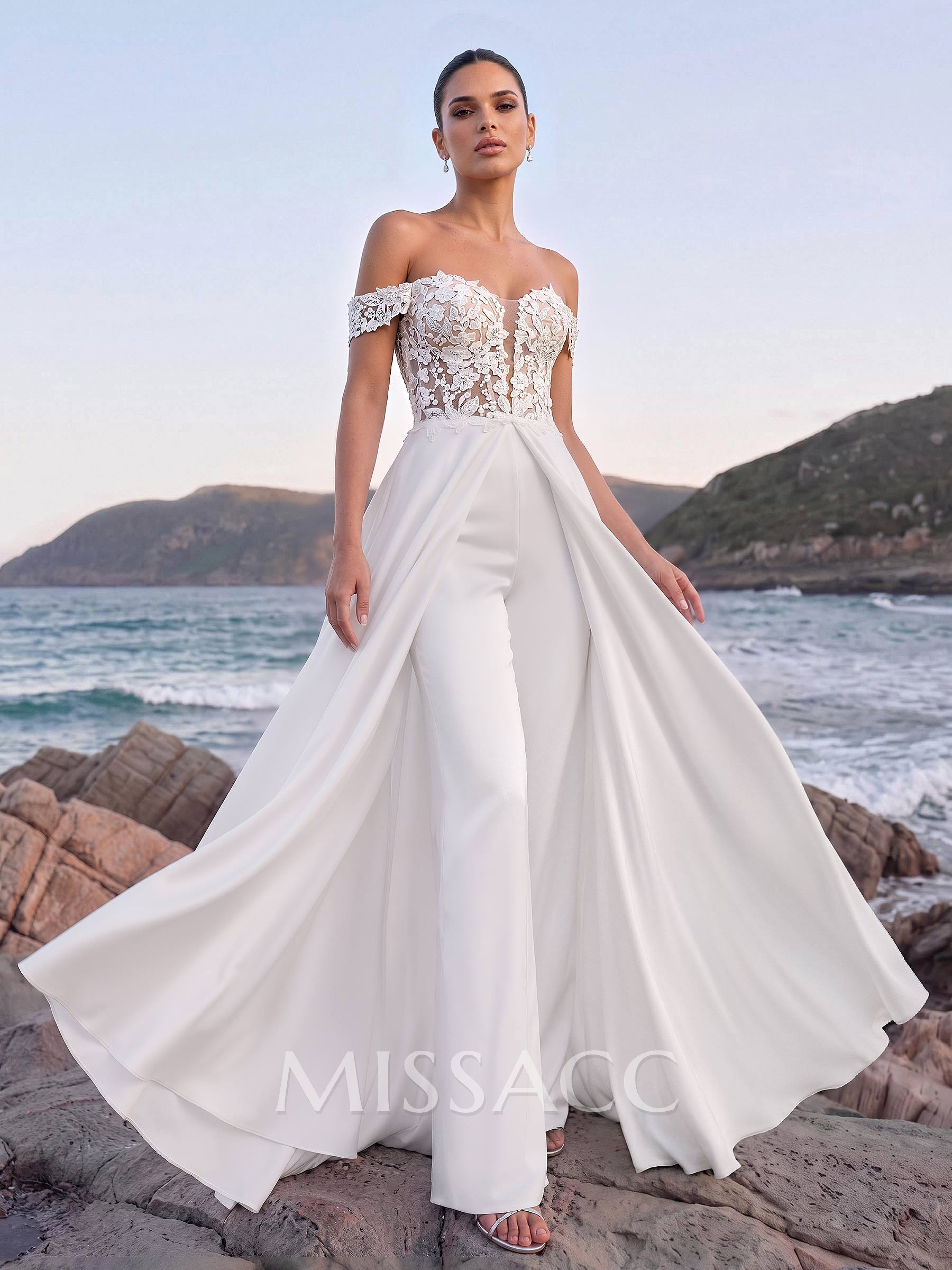 Trouser Suit/Jumpsuit Off-The-Shoulder Sleeveless Court Train Tulle/Crepe Satin Bridal Wear With Lace Appliqués