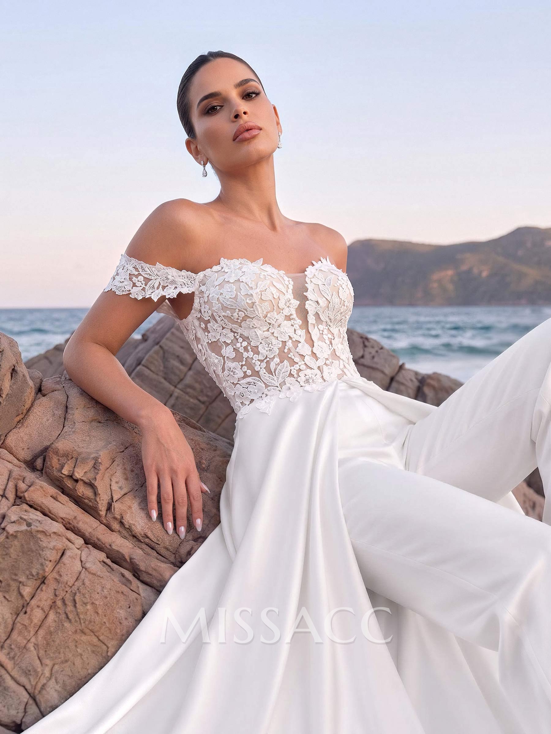 Trouser Suit/Jumpsuit Off-The-Shoulder Sleeveless Court Train Tulle/Crepe Satin Bridal Wear With Lace Appliqués