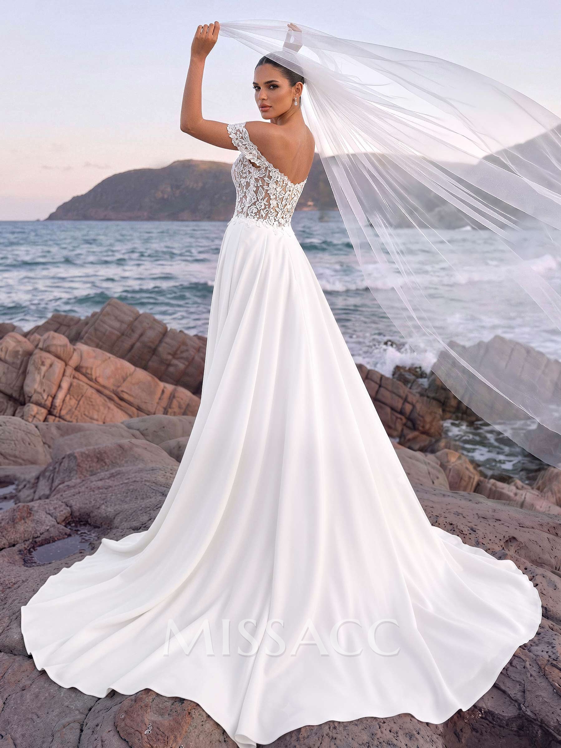Trouser Suit/Jumpsuit Off-The-Shoulder Sleeveless Court Train Tulle/Crepe Satin Bridal Wear With Lace Appliqués