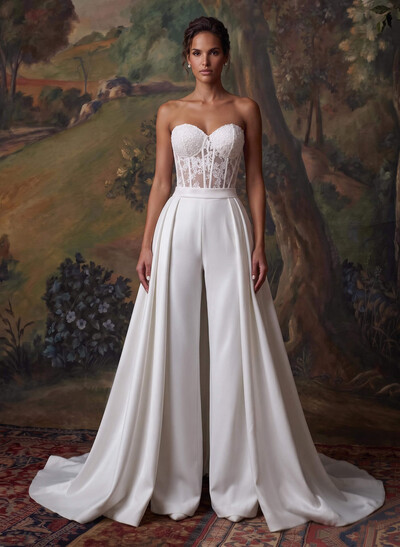 Jumpsuit/Pantsuit Sweetheart Sleeveless Detachable Matte Satin Wedding Dresses With Appliques Lace