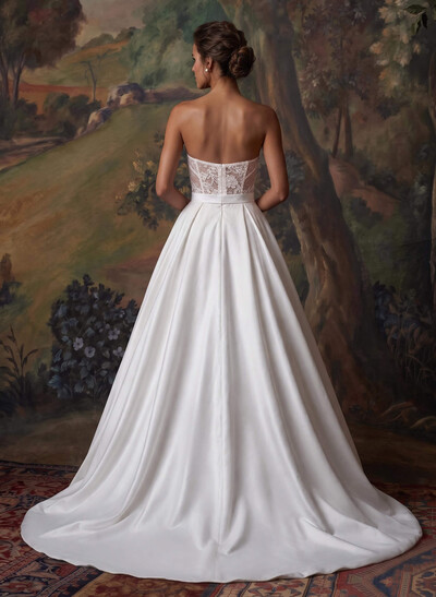 Jumpsuit/Pantsuit Sweetheart Sleeveless Detachable Matte Satin Wedding Dresses With Appliques Lace