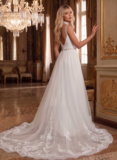 A-Line/Jumpsuit/Pantsuit Plunge Neck Sleeveless Detachable/Royal Tulle/Italian Satin Wedding Dresses With Appliques Lace