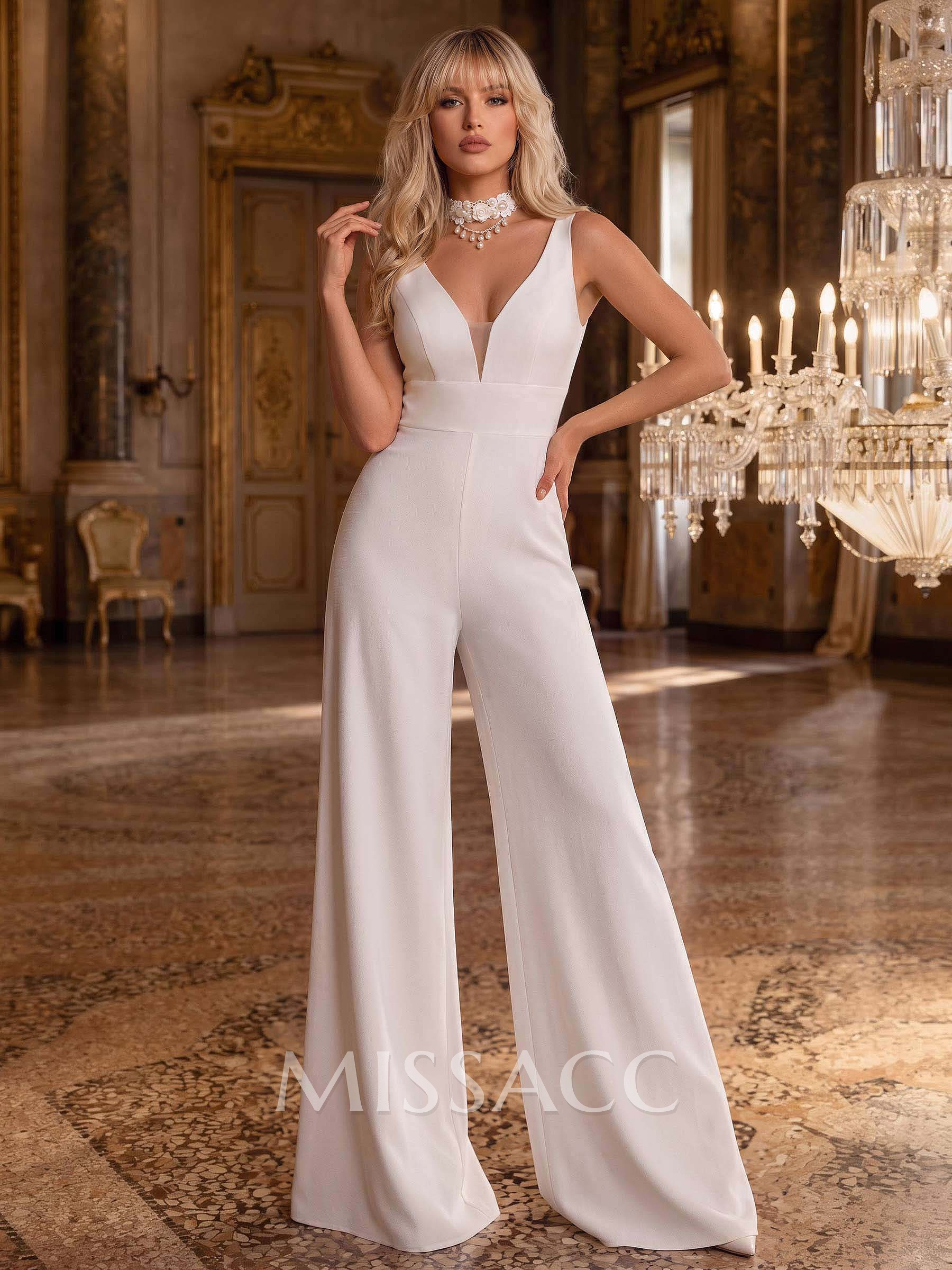 A-Line/Jumpsuit/Pantsuit Plunge Neck Sleeveless Detachable/Royal Tulle/Italian Satin Wedding Dresses With Appliques Lace