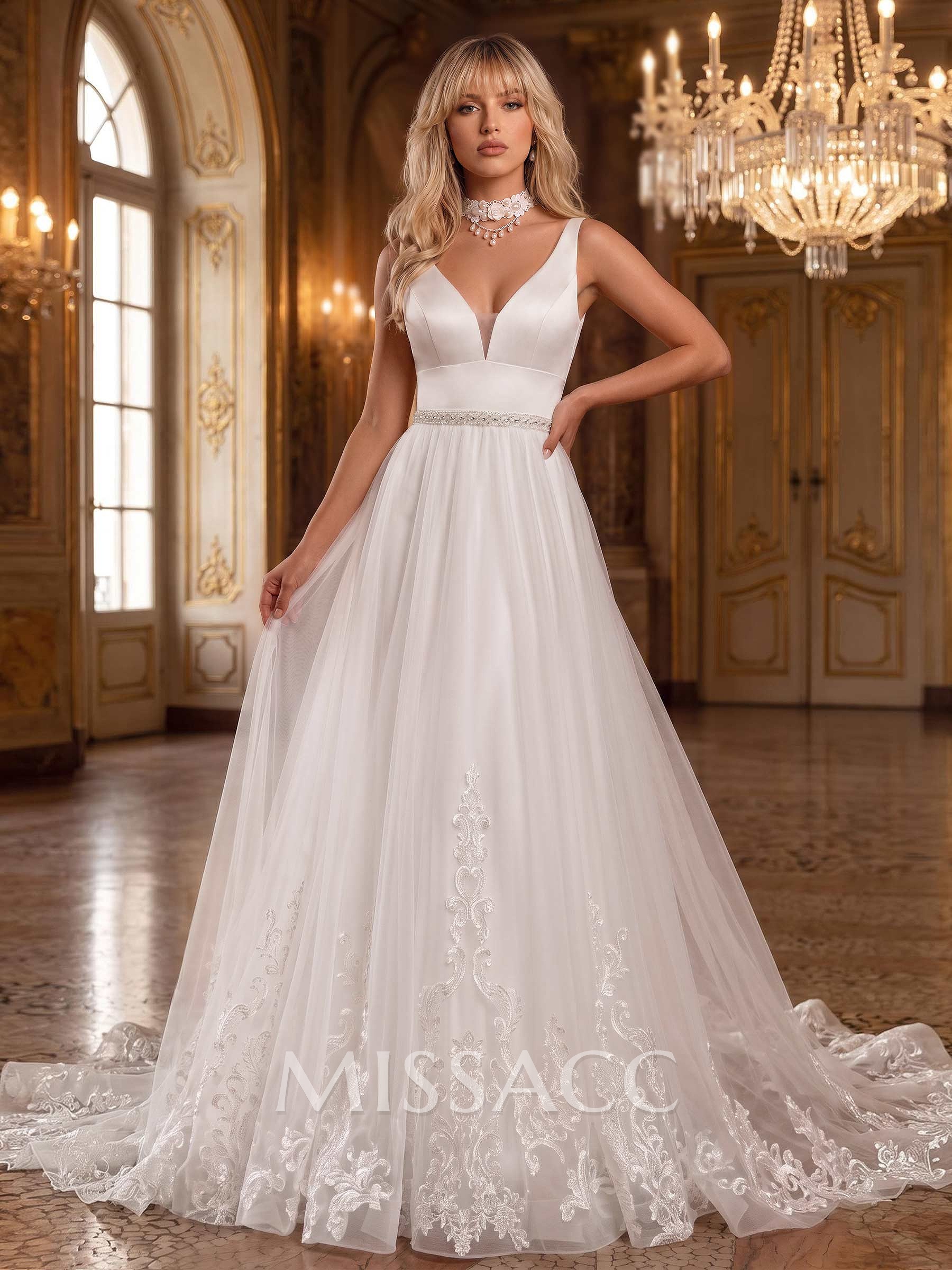 A-Line/Jumpsuit/Pantsuit Plunge Neck Sleeveless Detachable/Royal Tulle/Italian Satin Wedding Dresses With Appliques Lace
