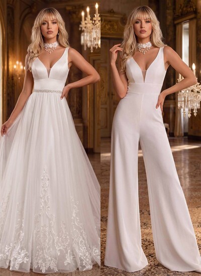 A-Line/Jumpsuit/Pantsuit Plunge Neck Sleeveless Detachable/Royal Tulle/Italian Satin Wedding Dresses With Appliques Lace
