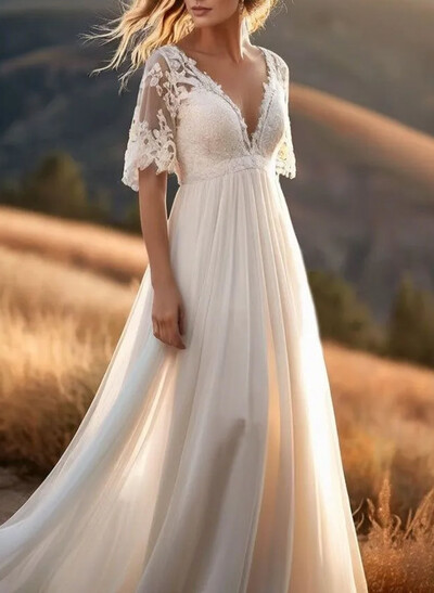 A-Line Plunge Neck 1/2 Sleeves Sweep Train Chiffon Wedding Dresses With Appliques Lace