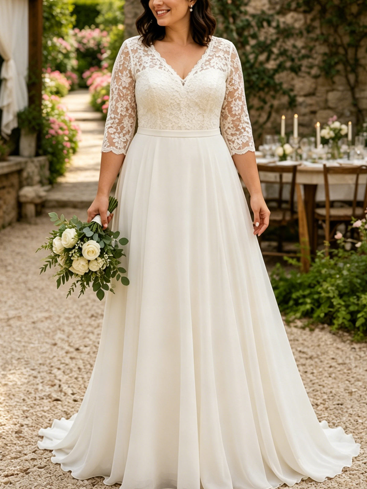 A-Line V-Neck 3/4 Sleeves Sweep Train Chiffon/Lace/Tulle Wedding Dresses