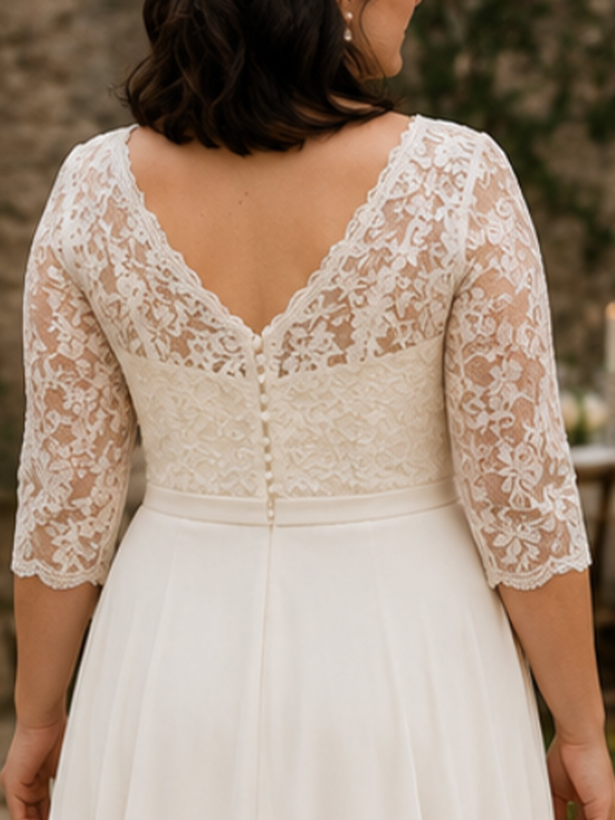 A-Line V-Neck 3/4 Sleeves Sweep Train Chiffon/Lace/Tulle Wedding Dresses