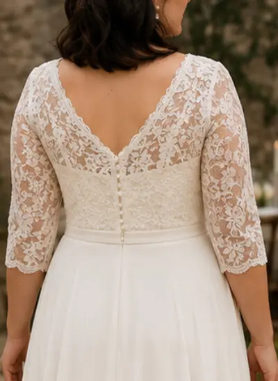 A-Line V-Neck 3/4 Sleeves Sweep Train Chiffon/Lace/Tulle Wedding Dresses
