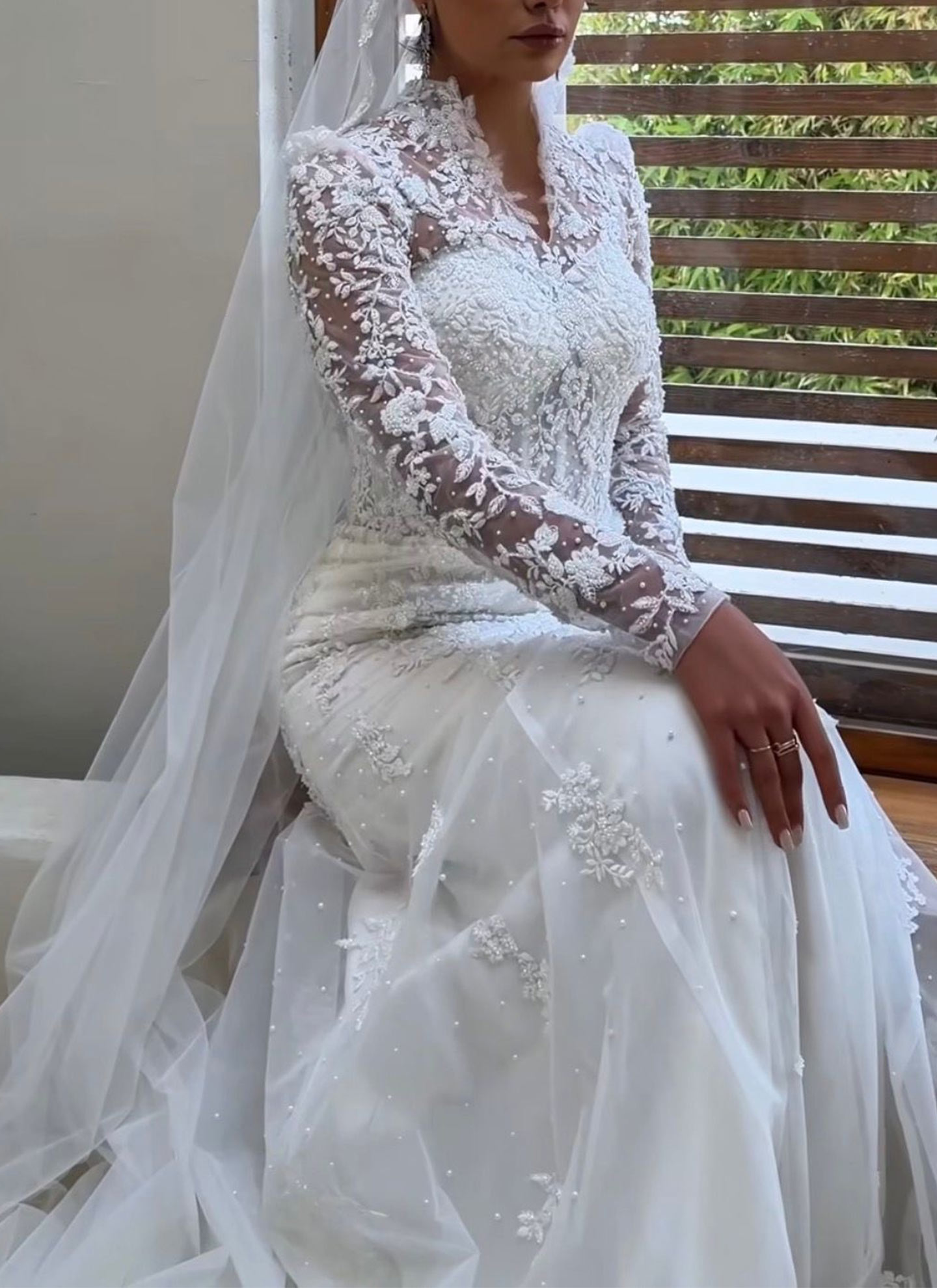 A-Line V-Neck Long Sleeves Court Train Tulle/Elastic Satin Wedding Dresses With Beading
