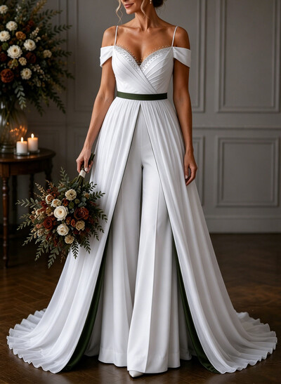 A-Line/Jumpsuit/Pantsuit Off-The-Shoulder Sleeveless Sweep Train Crepe Satin Wedding Dresses With Overskirt Dress