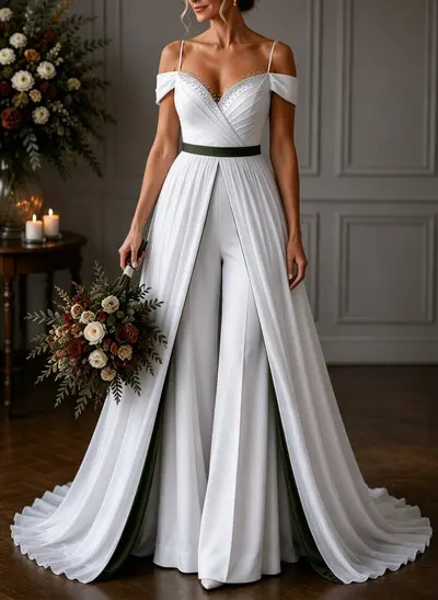 A-Line/Jumpsuit/Pantsuit Off-The-Shoulder Sleeveless Sweep Train Crepe Satin Wedding Dresses With Overskirt Dress