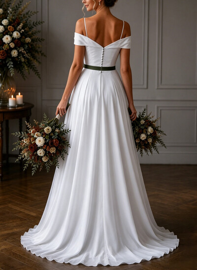 A-Line/Jumpsuit/Pantsuit Off-The-Shoulder Sleeveless Sweep Train Crepe Satin Wedding Dresses With Overskirt Dress