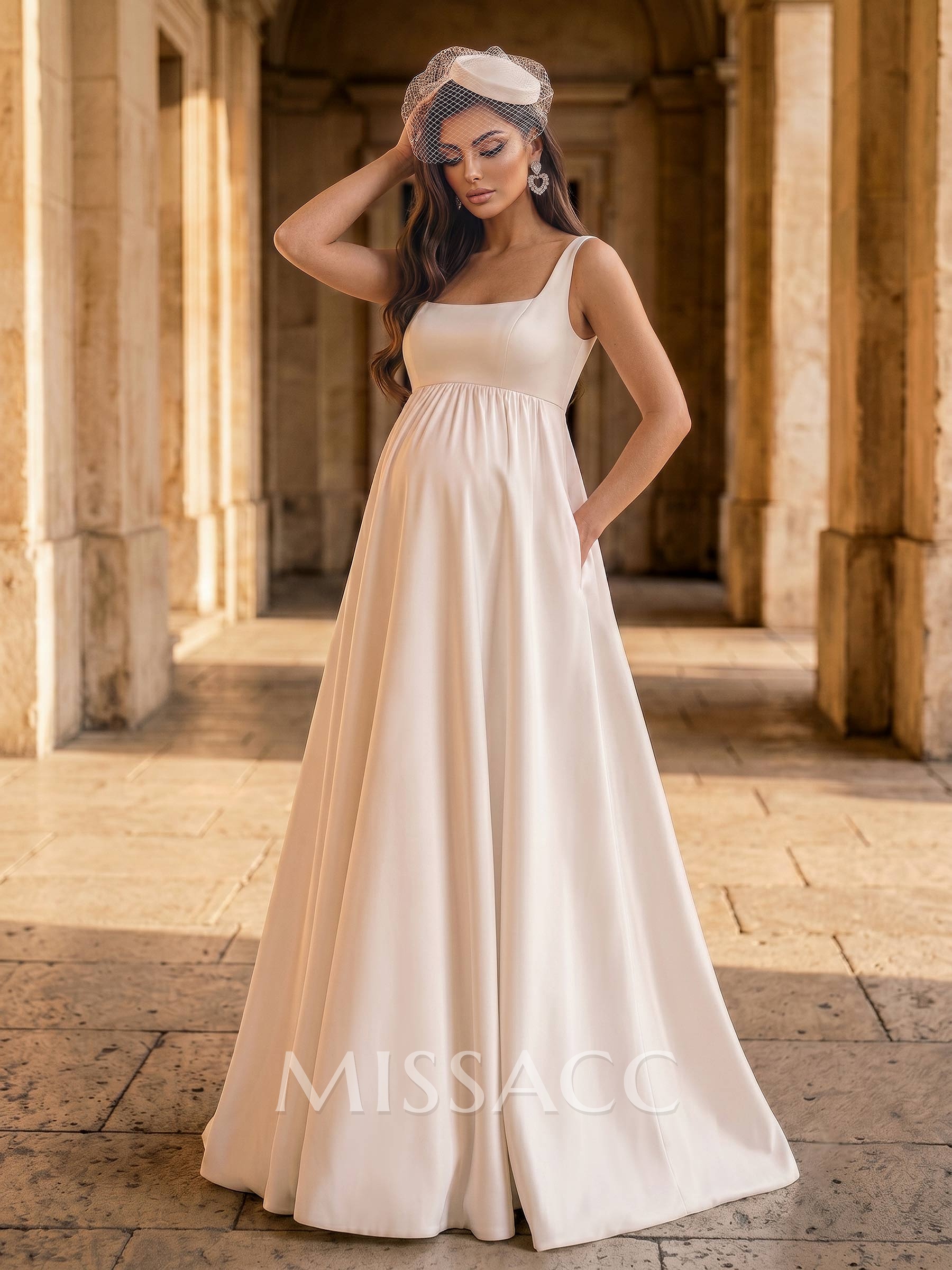 A-Line Square Neckline Sleeveless Sweep Train Satin Maternity Wedding Dresses