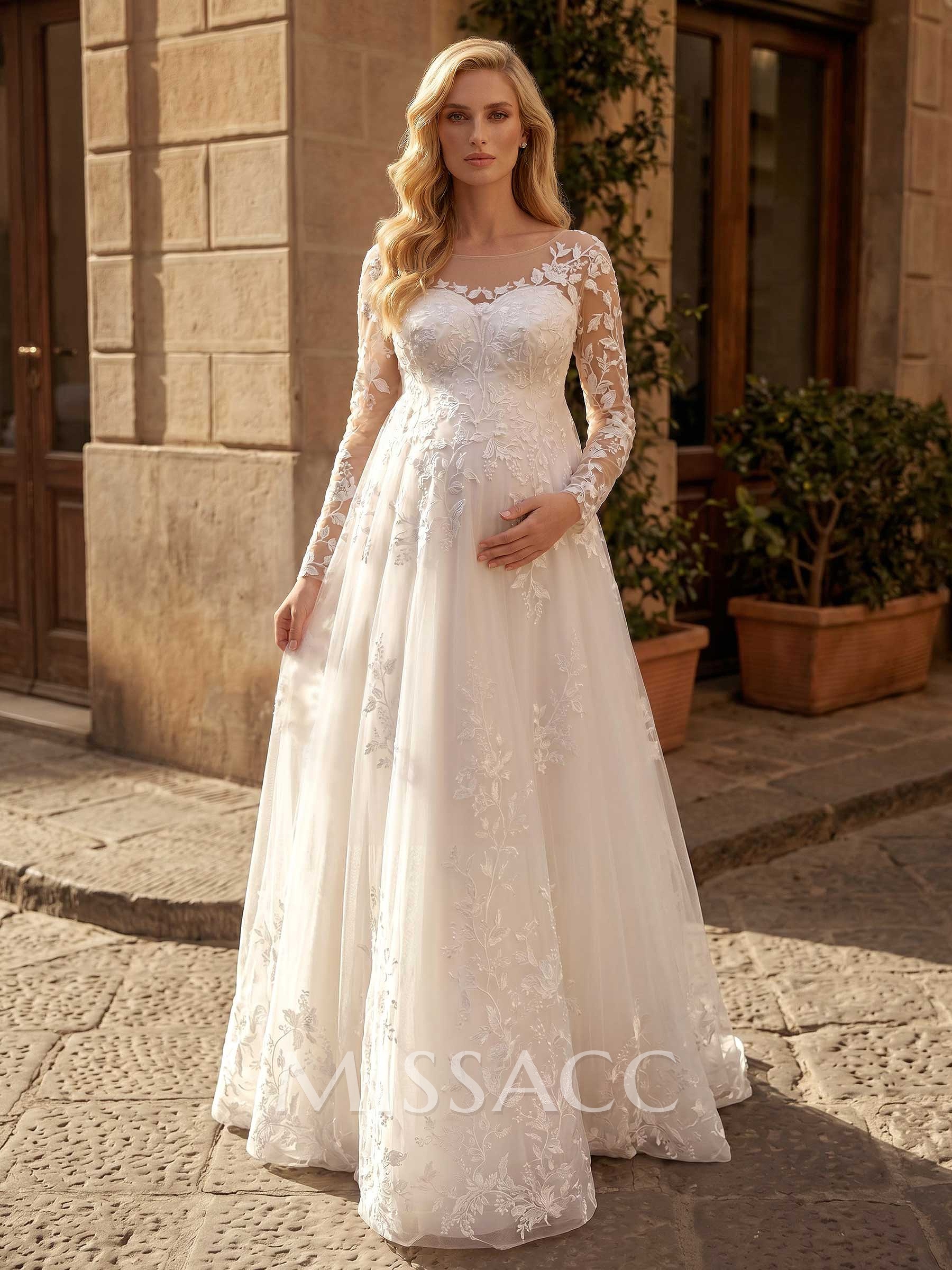 A-Line Scoop Neck Long Sleeves Floor-Length Chiffon/Tulle Maternity Wedding Dresses With Appliques Lace