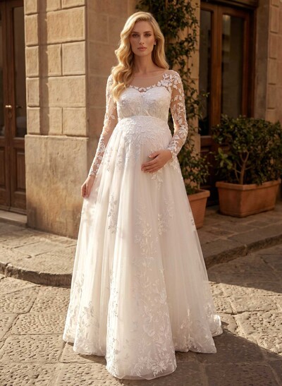 A-Line Scoop Neck Long Sleeves Floor-Length Chiffon/Tulle Maternity Wedding Dresses With Appliques Lace