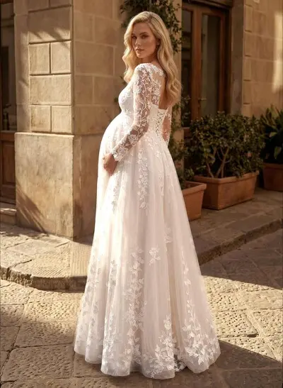 A-Line Scoop Neck Long Sleeves Floor-Length Chiffon/Tulle Maternity Wedding Dresses With Appliques Lace