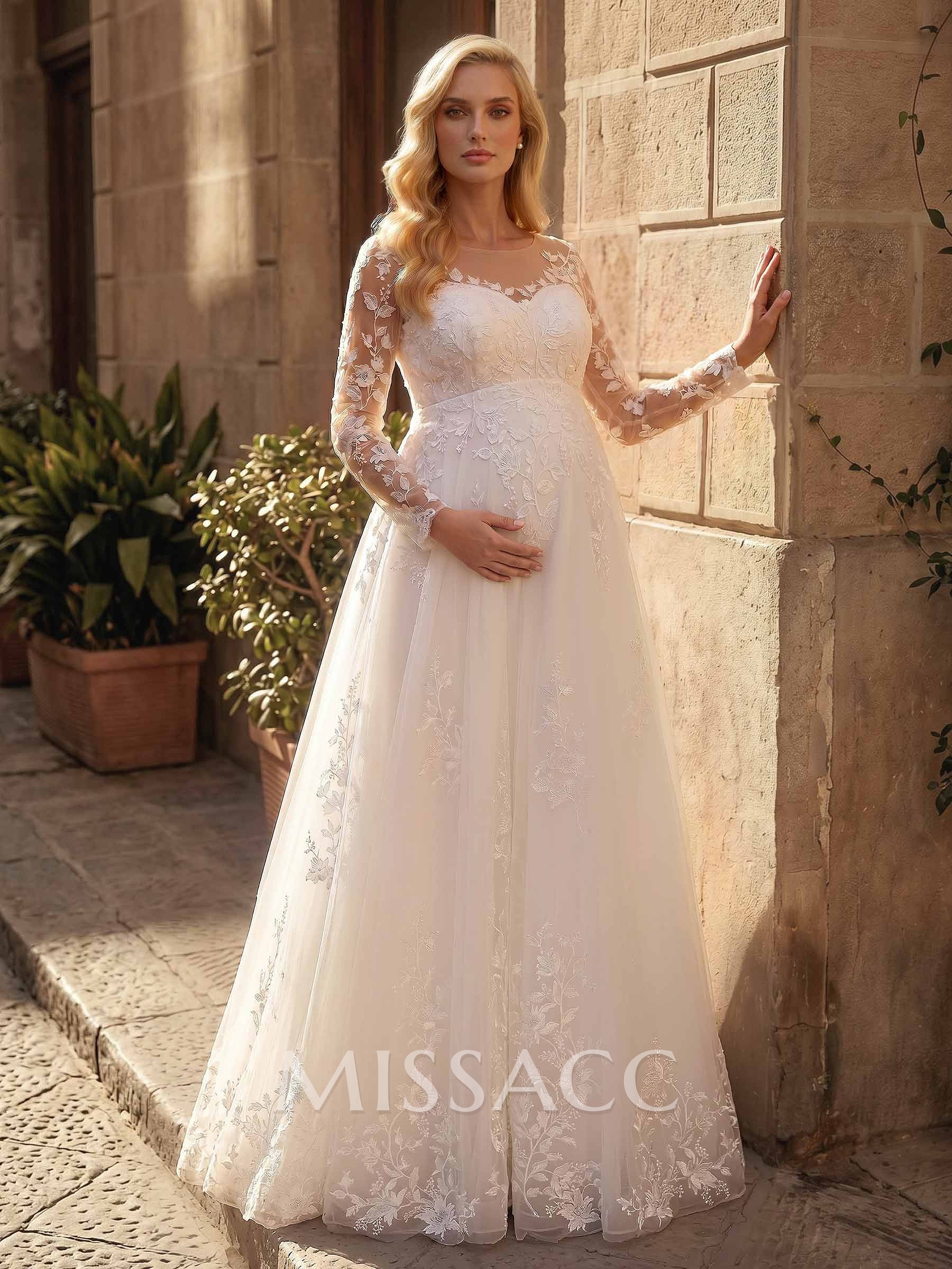 A-Line Scoop Neck Long Sleeves Floor-Length Chiffon/Tulle Maternity Wedding Dresses With Appliques Lace