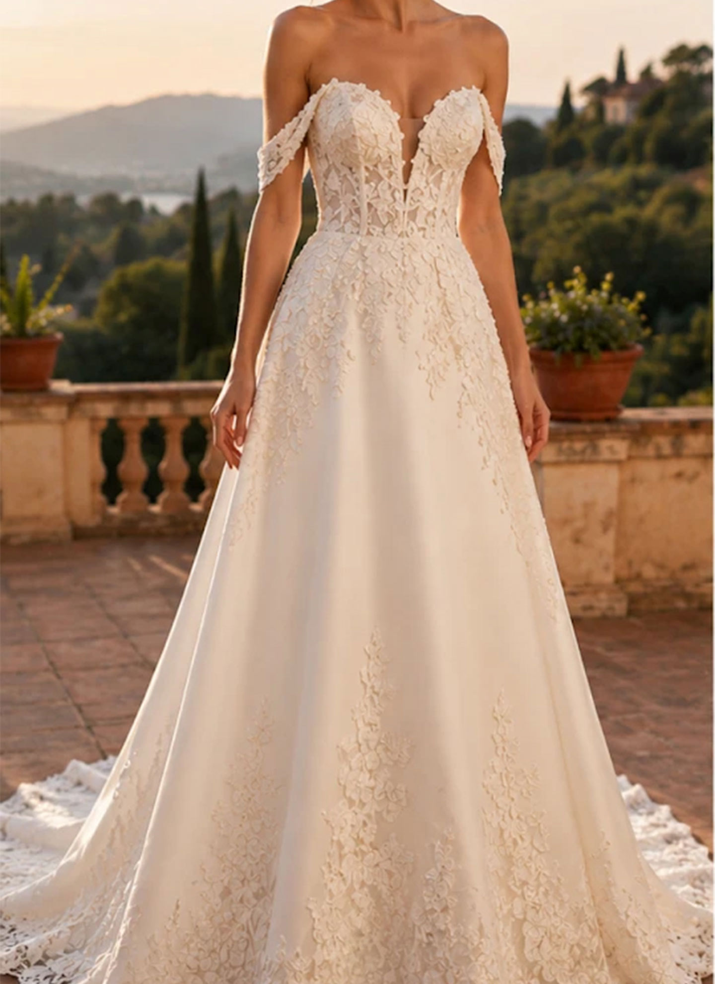 A-Line Plunge Neck Sleeveless Court Train Matte Satin Wedding Dresses With Bow(s)/Appliques Lace