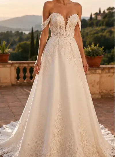 A-Line Plunge Neck Sleeveless Court Train Matte Satin Wedding Dresses With Bow(s)/Appliques Lace