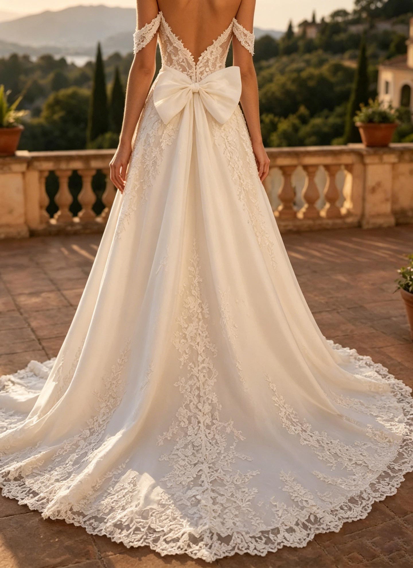A-Line Plunge Neck Sleeveless Court Train Matte Satin Wedding Dresses With Bow(s)/Appliques Lace