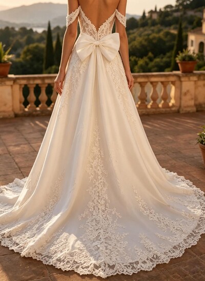 A-Line Plunge Neck Sleeveless Court Train Matte Satin Wedding Dresses With Bow(s)/Appliques Lace