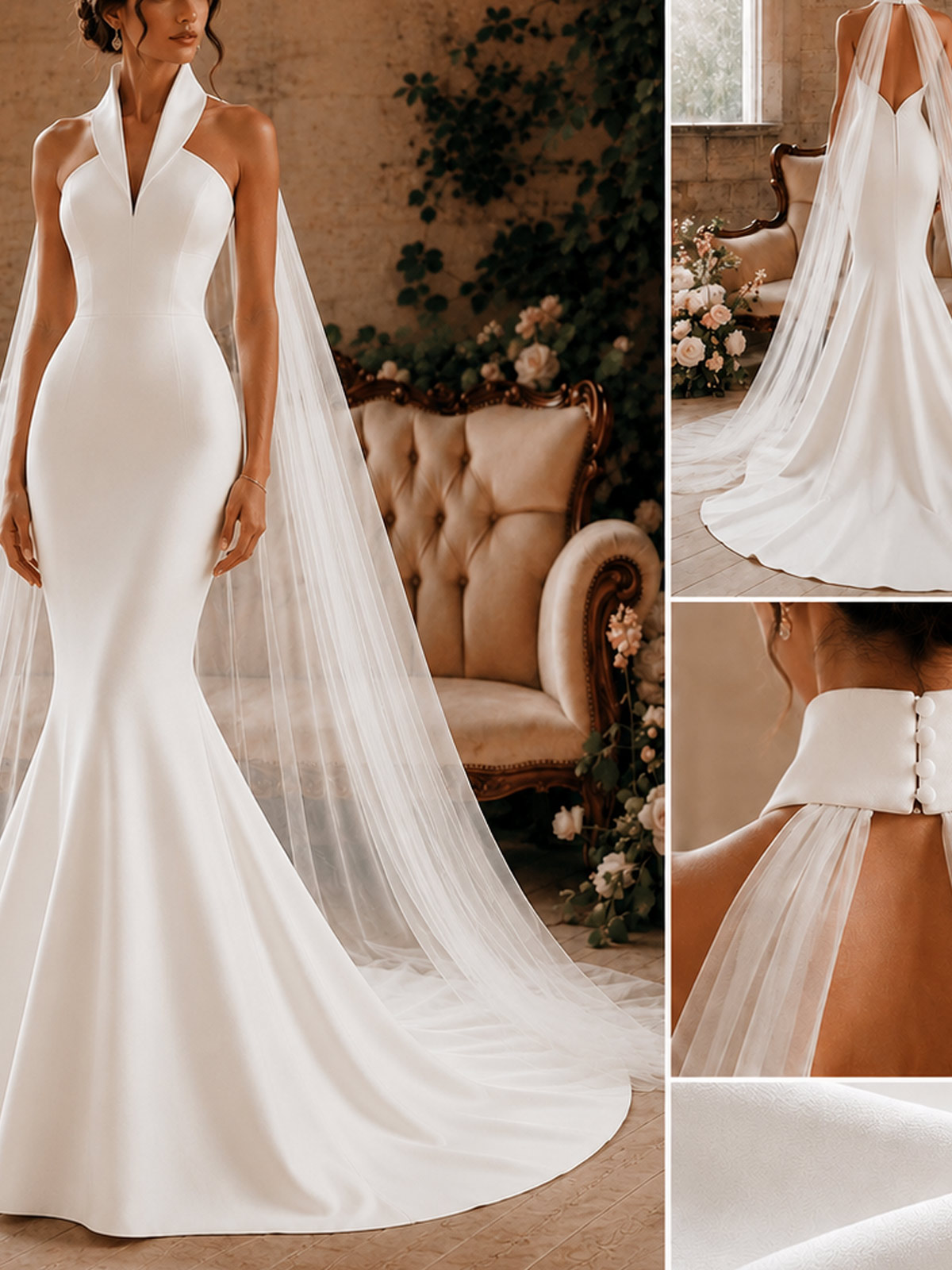 Trumpet/Mermaid Halter Sleeveless Court Train Matte Satin Bride Wedding Dress