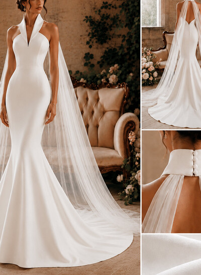 Trumpet/Mermaid Halter Sleeveless Court Train Matte Satin Bride Wedding Dress