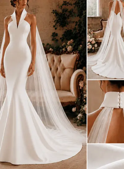 Trumpet/Mermaid Halter Sleeveless Court Train Matte Satin Bride Wedding Dress