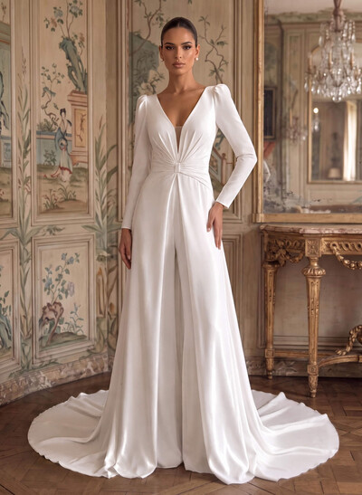 Jumpsuit/Pantsuit Plunge Neck Long Sleeves Court Train Crepe Satin Wedding Dresses With Overskirt Dress