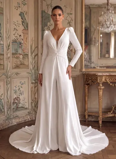 Jumpsuit/Pantsuit Plunge Neck Long Sleeves Court Train Crepe Satin Wedding Dresses With Overskirt Dress