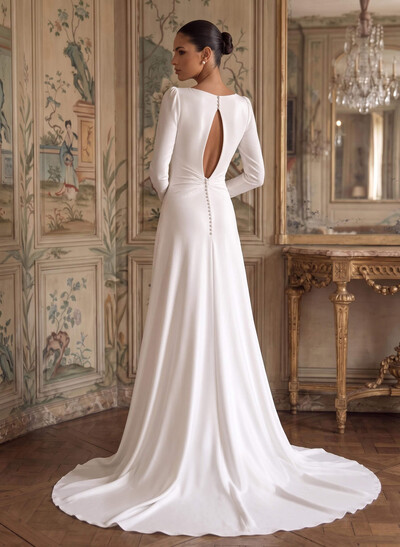 Jumpsuit/Pantsuit Plunge Neck Long Sleeves Court Train Crepe Satin Wedding Dresses With Overskirt Dress