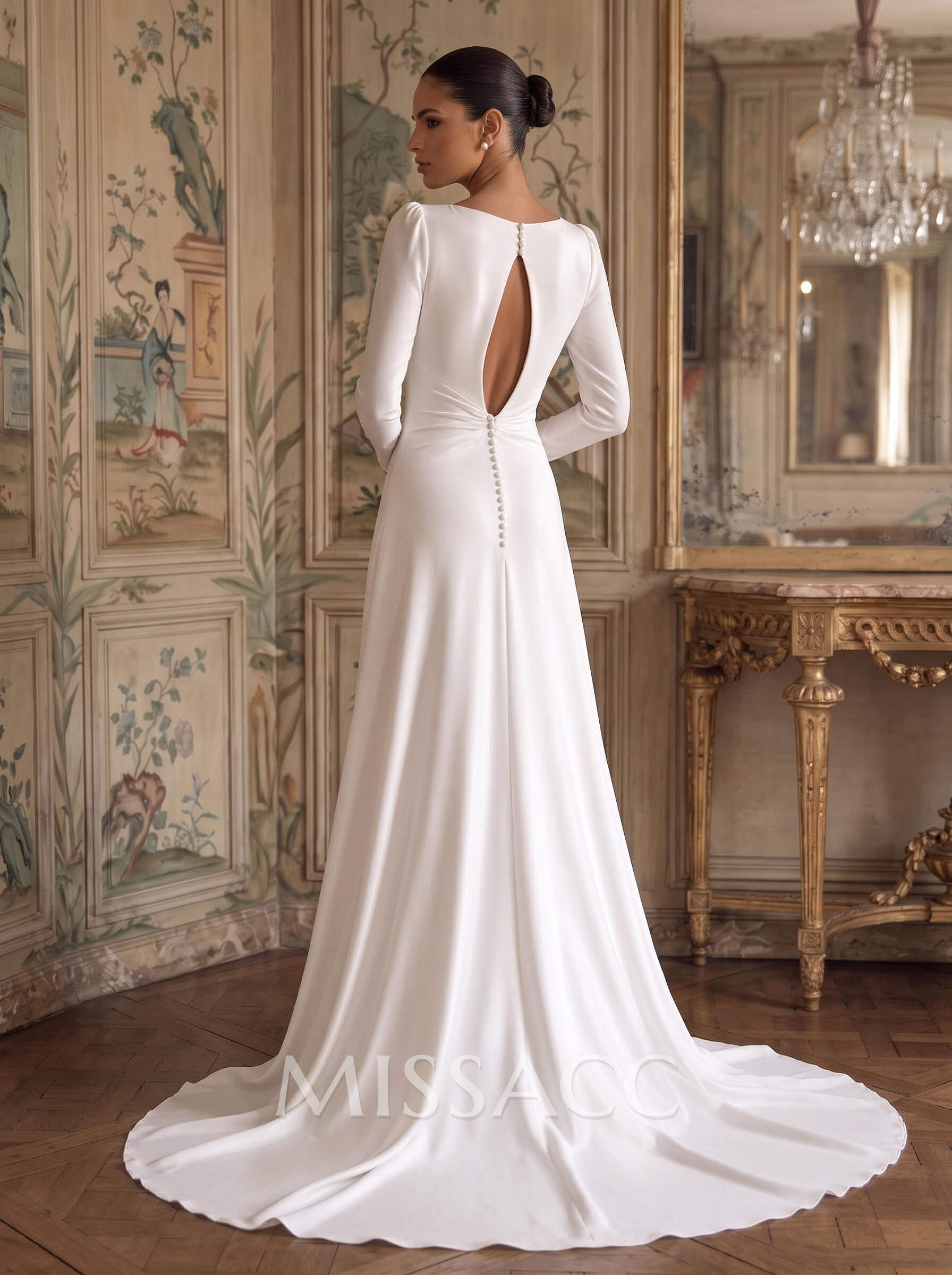 Jumpsuit/Pantsuit Plunge Neck Long Sleeves Court Train Crepe Satin Wedding Dresses With Overskirt Dress