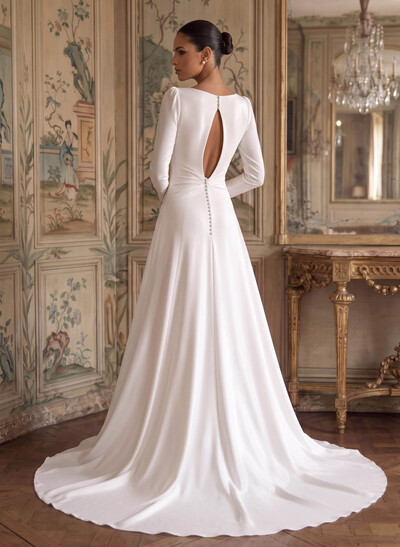 Bridal Jumpsuit/Trouser Suit With Plunging Neckline, Long Sleeves, Crepe Satin Court Train & Overskirt