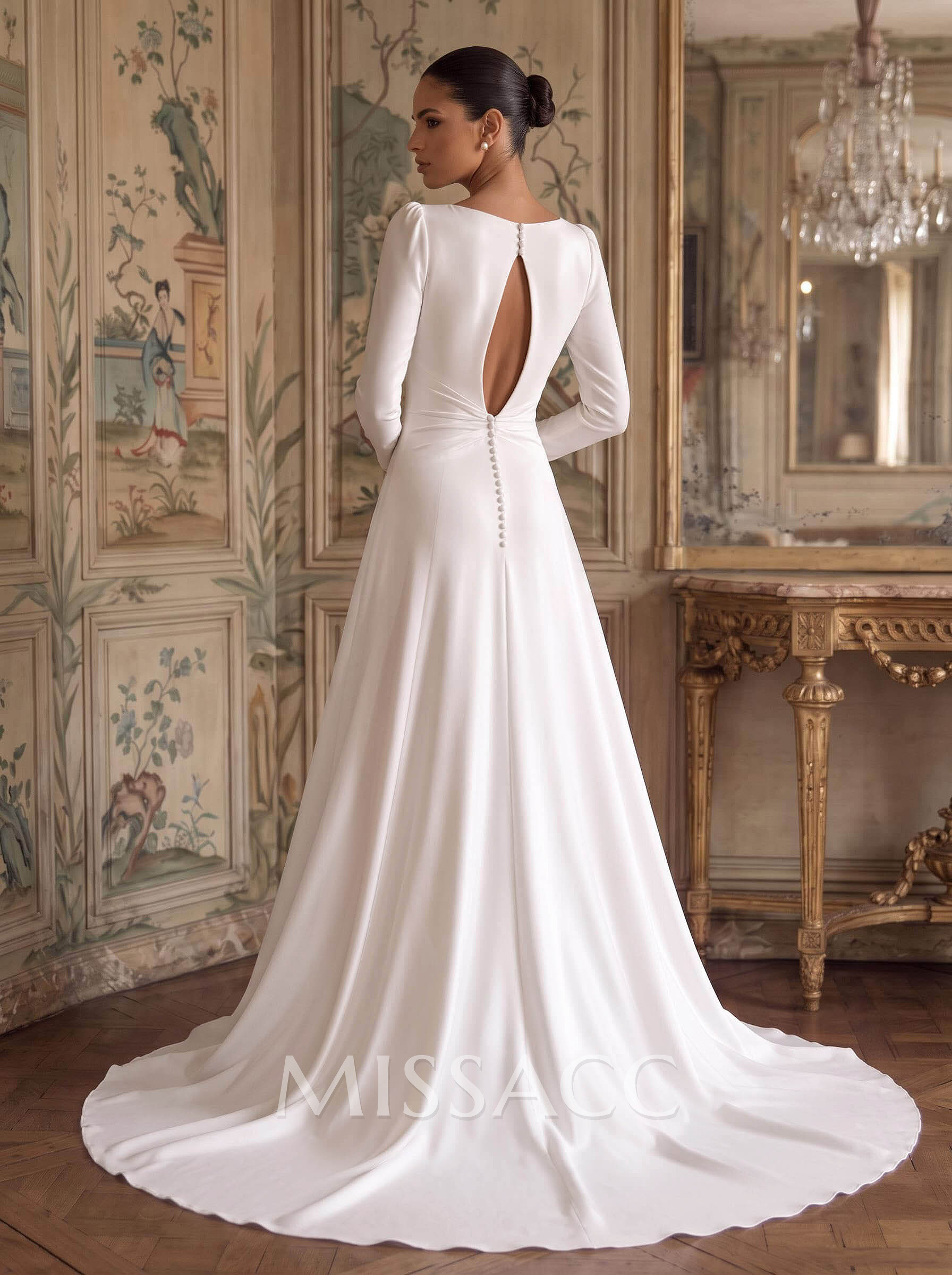 Bridal Jumpsuit/Trouser Suit With Plunging Neckline, Long Sleeves, Crepe Satin Court Train & Overskirt