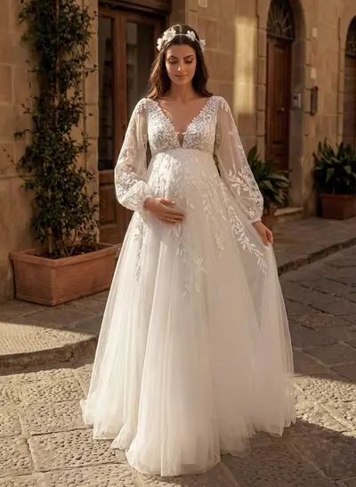 A-Line V-Neck Long Sleeves Floor-Length Satin/Tulle Maternity Wedding Dresses With Appliques Lace