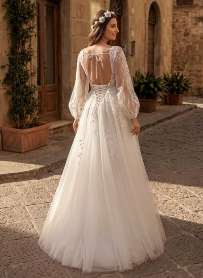 A-Line V-Neck Long Sleeves Floor-Length Satin/Tulle Maternity Wedding Dresses With Appliques Lace