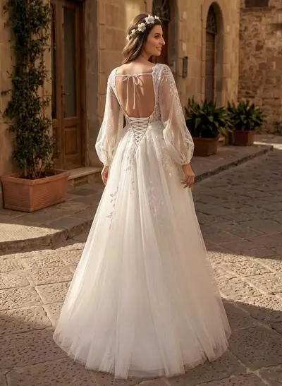 A-Line V-Neck Long Sleeves Floor-Length Satin/Tulle Maternity Wedding Dresses With Appliques Lace